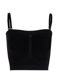 Fekete, varrás nélküli crop top, állítható vékony pántokkal és finom textúrával az elülső középső részen.
