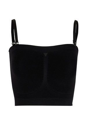 Top negro sin costuras tipo crop con tirantes finos ajustables y una sutil textura en la parte frontal central.