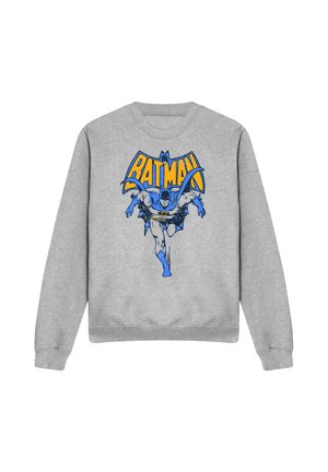 Grauer Sweatshirt mit einer Vintage-Batman-Grafik, die Batman in Blau und Grau zeigt, wie er unter einem gelben "BATMAN" Text nach vorne springt.