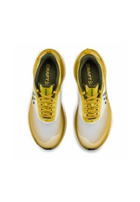 Een paar gele en witte mesh hardloopschoenen met zwarte stippen en veters, van bovenaf bekeken op een witte achtergrond.