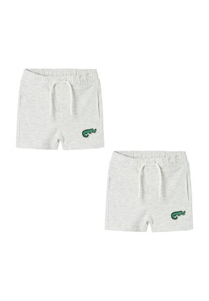Gray cotton shorts with elastic waistband and drawstring. Features green embroidered logo on left side, with side pockets.