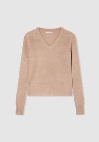 Beżowy sweter dzianinowy z dekoltem w serek, długimi rękawami oraz ribbowymi mankietami i dołem. Teksturowana tkanina o miękkim wyglądzie.