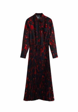 Rochie neagră cu model abstract roșu, mâneci lungi, închidere cu nasturi în față, fustă plisată și talie ajustabilă cu șnur.