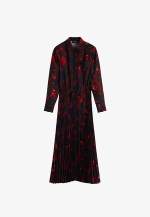 Fekete ruha piros absztrakt mintával, hosszú ujjakkal, gombos elülső résszel, pliszírozott szoknyával és állítható derékkal.