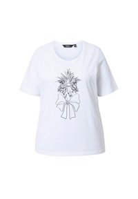 Camiseta de algodón blanca con un dibujo lineal negro de un pájaro con plumas puntiagudas y un lazo. Cuello redondo y mangas cortas.