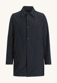 Mörk marinblå kappa med knapplist framtill, två sidofickor och klassisk krage. Tillverkad av ett mjukt, lätt material.