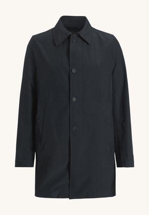 Donker marineblauwe jas met een knoopsluiting aan de voorkant, twee zijzakken en een klassieke kraag. Gemaakt van een soepele, lichte stof.