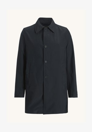 Donker marineblauwe jas met een knoopsluiting aan de voorkant, twee zijzakken en een klassieke kraag. Gemaakt van een soepele, lichte stof.