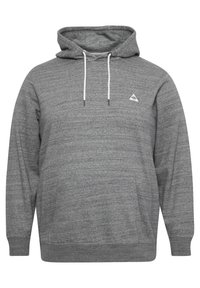Grauer Hoodie mit strukturierter Optik, Kordelzügen und einem kleinen dreieckigen Logo auf der Brust. Verfügt über eine Kängurutasche und gerippte Bündchen.