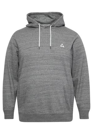 Gray hoodie with a textured appearance, drawstrings, and a small triangular logo on the chest. Features a kangaroo pocket and ribbed cuffs.
