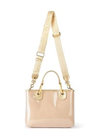 Helder en beige handtas met gouden hardware, dubbele handgrepen en een afneembare strap met logo-patroon. Gladde patentering.