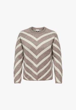 Lys brun genser med kremfarget chevronmønster, rund halsringning og lange ermer, laget av et mykt, teksturert strikket stoff.