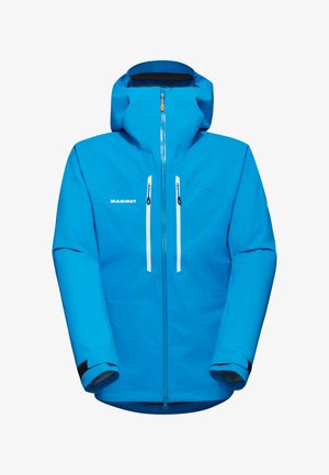 Niebieska wodoodporna kurtka z kapturem, dwoma zapinanymi na zamek kieszeniami z przodu, elastycznymi mankietami i logo na klatce piersiowej. Posiada kontrastowe białe zamki.