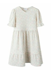 Kleid mit Blumenmuster in hellen Pastellfarben, mit Wickeldesign, kurzen Puffärmeln und einem gestuften Rock mit strukturiertem Finish.
