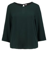 Dunkelgrüne Langarmbluse mit rundem Ausschnitt und kleinem Schlüssellochverschluss mit Knopf auf der Rückseite.