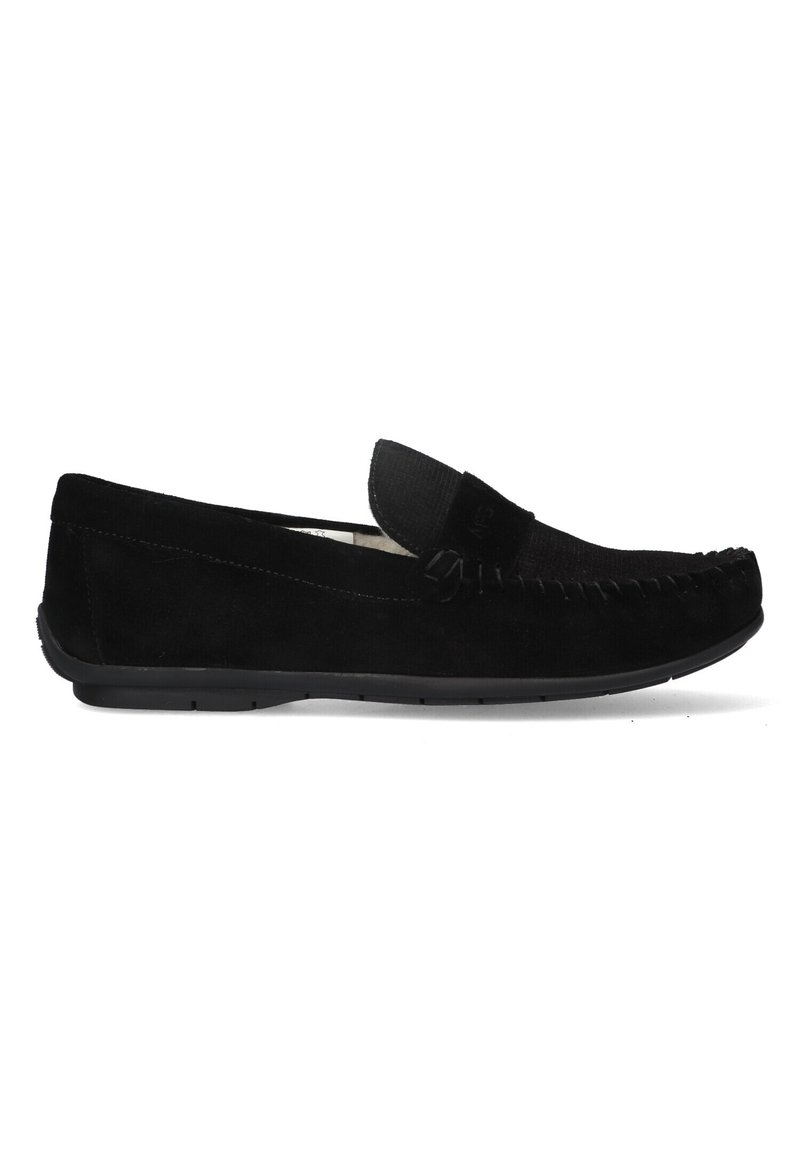 Mocassini in suede nero con accento cucito sulla punta e suola in gomma flessibile. Il design include una tomaia imbottita per il massimo comfort.