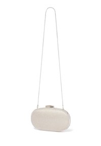 Metaliczna srebrna kopertówka o owalnym kształcie, teksturowanej powierzchni z koralików i srebrnym łańcuszkiem. Posiada zapięcie na górze.