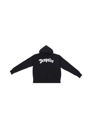 Sudadera con capucha negra de algodón, que presenta un texto gráfico en blanco "Dropside" en el frente y un bolsillo tipo canguro. Corte estándar.