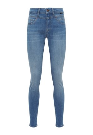 Helle blaue Skinny-Jeans mit vorderen und hinteren Taschen, Gürtelschlaufen und einem Knopfverschluss an der Taille.