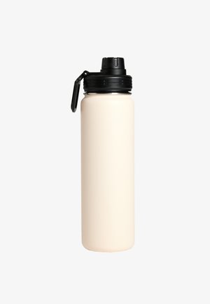 Vesimuki teräksestä, matta kermafinish, sylinterimäinen muoto, musta ruuvikorkki kantokahvalla, sileä pinta, ei näkyviä kuvioita.