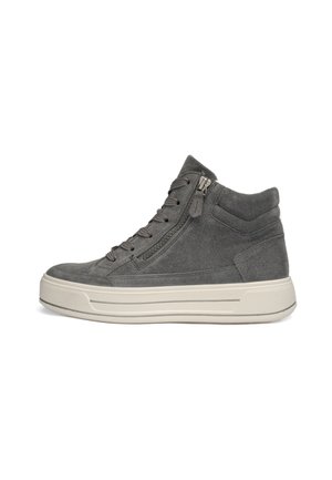 Gray suede high-top sneaker with lace-up front, side zipper, padded collar, and thick white rubber sole.