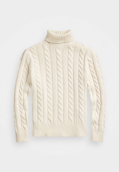 Kabelgebreide coltrui in crème met verhoogde ribstructuur. Heeft lange mouwen en een aansluitende, hoge kraag voor warmte.
