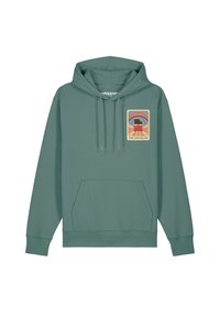 Hoodie bleu-vert clair avec une poche avant et une capuche à cordon. Présente un motif graphique rectangulaire mettant en avant un gâteau avec des accents arc-en-ciel.