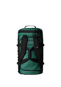 Un sac à dos vert et noir avec des bretelles ajustables, une poignée supérieure et un panneau arrière rembourré. Fabriqué en matériau durable et résistant à l'eau.