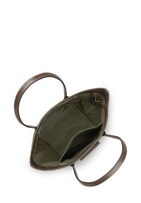 Sac en cuir brun avec un intérieur vert olive, doté de deux poignées et de poches internes pour l'organisation.