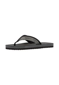 Black flip-flop sandal with a textured gray upper, featuring a V-shaped strap and a flat sole with a ridged edge for added grip.