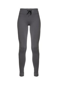 Leggings grigi realizzati in tessuto elasticizzato, con vita alta, coulisse e una superficie liscia con gambe aderenti.