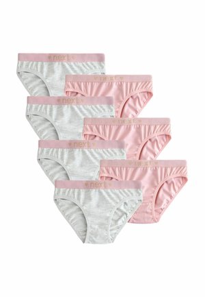 Sju par tjejunderkläder i bomull i växelvis ljusgrå och rosa, var och en med en rosa midja som har en guld "next"-logotyp och hjärtan.