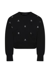 Sweat-shirt noir court à manches longues, orné de lettres en strass éparpillées, avec un col et des poignets côtelés.