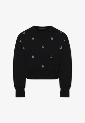 Sweat-shirt noir court à manches longues, orné de lettres en strass éparpillées, avec un col et des poignets côtelés.