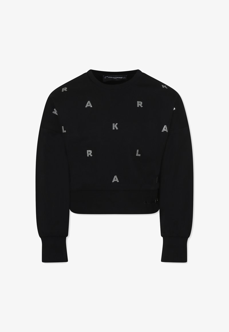 Sweat-shirt noir court à manches longues, orné de lettres en strass éparpillées, avec un col et des poignets côtelés.