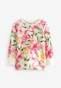 Camicia crema a manica lunga con stampa floreale rosa, gialla e verde, caratterizzata da vari fiori e foglie verdi su tutta la superficie.