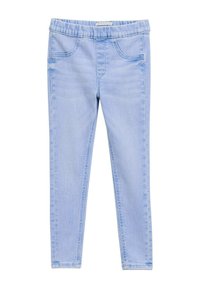 Jasnoniebieskie legginsy dżinsowe z elastycznym paskiem w talii, sztucznymi przednimi kieszeniami i gładką teksturą, zaprojektowane z myślą o fasonie dopasowanym.