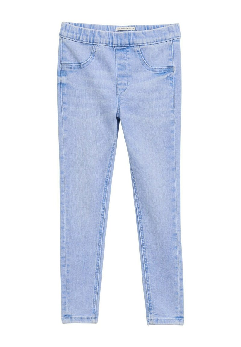 Jasnoniebieskie legginsy dżinsowe z elastycznym paskiem w talii, sztucznymi przednimi kieszeniami i gładką teksturą, zaprojektowane z myślą o fasonie dopasowanym.
