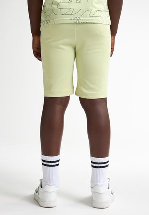 Shorts en coton vert clair avec une coupe ajustée, arrivant au milieu de la cuisse. Portés avec des chaussettes blanches à rayures noires et des baskets blanches.