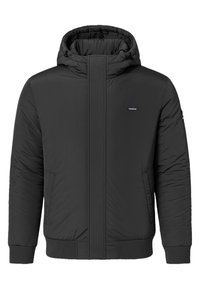 Zwarte geïsoleerde hoodie met een verticale streep aan de voorkant, voorzien van een geribde zoom en manchetten, en zijzakken.