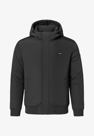 Zwarte geïsoleerde hoodie met een verticale streep aan de voorkant, voorzien van een geribde zoom en manchetten, en zijzakken.