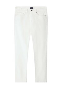 Jean en denim blanc avec une coupe droite, design à cinq poches, couture contrastante et détails en métal ; texture lisse.