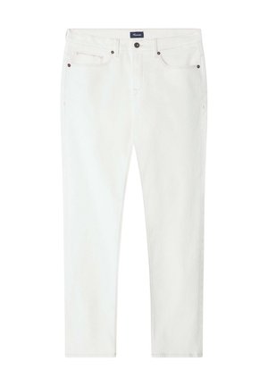 Vaqueros de denim blanco con corte recto, diseño de cinco bolsillos, costuras contrastantes y detalles de hardware metálico; textura suave.