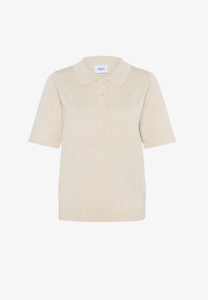 Beige poloshirt met korte mouwen, gemaakt van zachte stof, met een platte kraag, een knoopsluiting met vijf knopen en geribbelde bies.