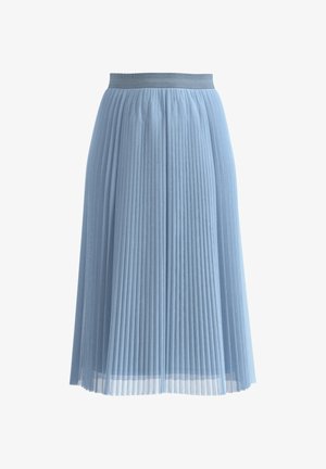 Hellblauer, knielanger Faltenrock mit elastischem Bund und transparentem Überzug.