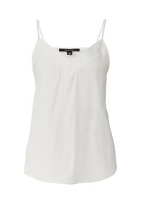 White, sleeveless camisole with a V-neck design, made of smooth fabric. Features adjustable straps and a straight hem. Size tag visible.