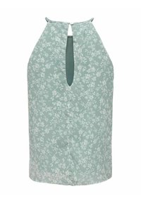 Haut sans manches vert clair avec un motif floral, dos avec ouverture en forme de goutte et fermeture par bouton. Tissu doux et léger, coupe classique.