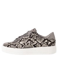 Gray and black snake print sneaker with a textured upper, flat laces, and a thick white sole featuring ribbed edges.