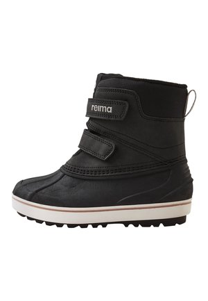 Stivali neri impermeabili con una parte superiore testurizzata, due cinturini in Velcro e una suola in gomma per una buona aderenza. Presentano un tassello di trazione sul retro.
