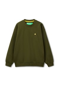 Sudadera verde oliva hecha de una mezcla de algodón; cuenta con un cuello redondo, puños de canalé y un pequeño logo bordado en el pecho.